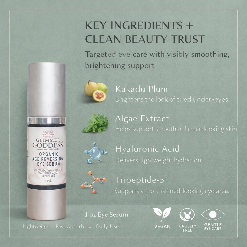 Glimmer Goddess Organic Age Reversing Eye Serum for eyes, with natural ingredients, instant firming treatment for youthful-looking skin.