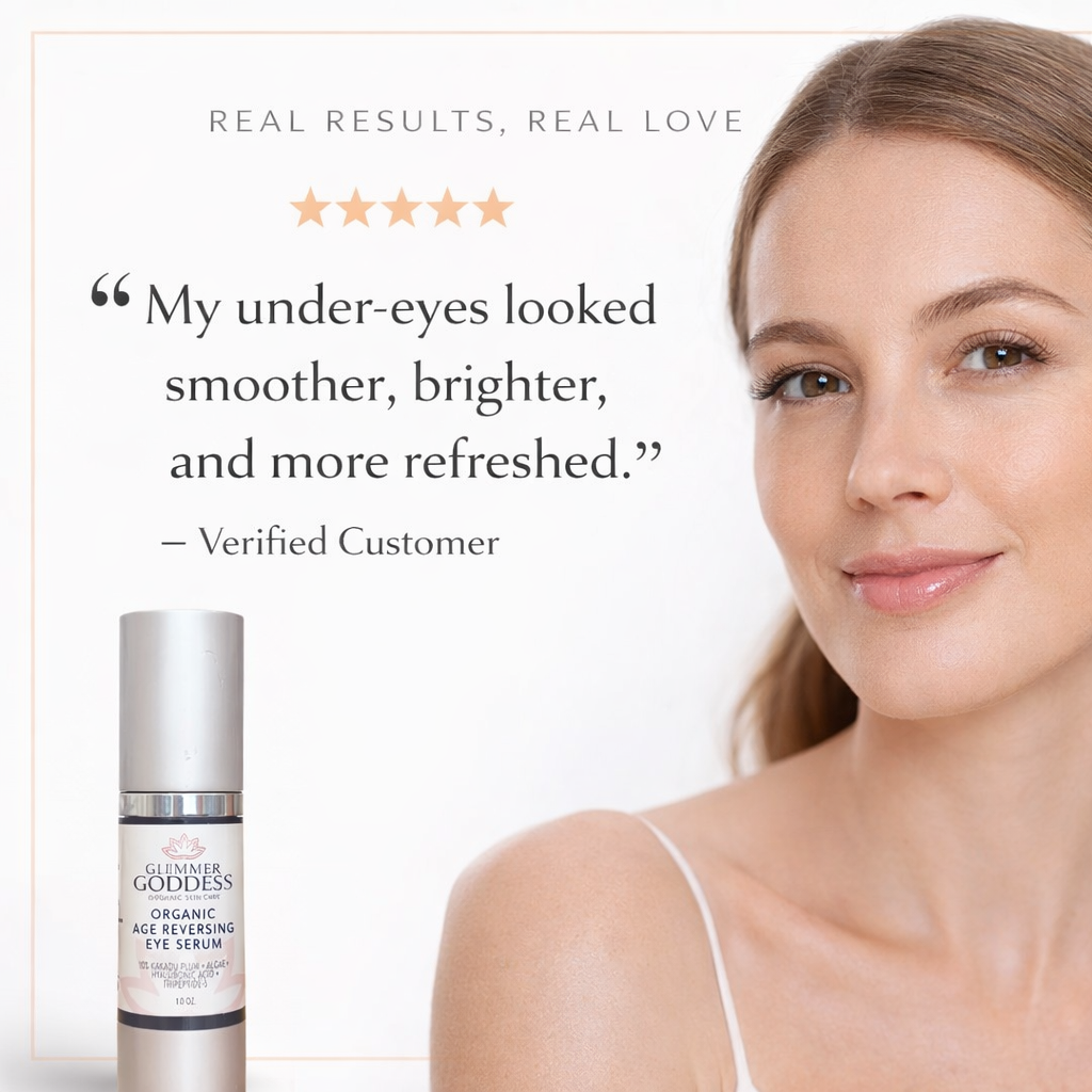 Glimmer Goddess Organic Age Reversing Eye Serum for eyes, showcasing the serum bottle and a testimonial quote on a white background.