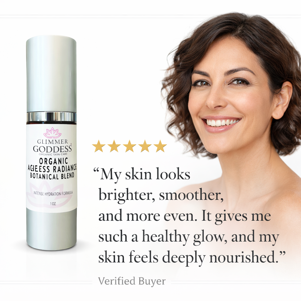 Testimonial image showing a user applying Glimmer Goddess Organic Skin Brightening Serum for radiant, even-toned skin.
