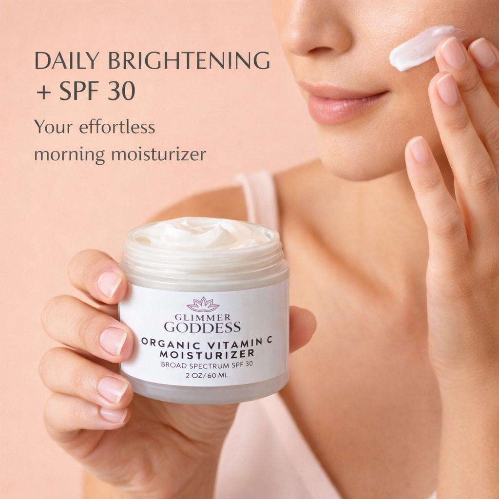 Glimmer Goddess Organic Vitamin C Daily Moisturizer SPF 30 with brightening formula, shown in a skincare routine setting.