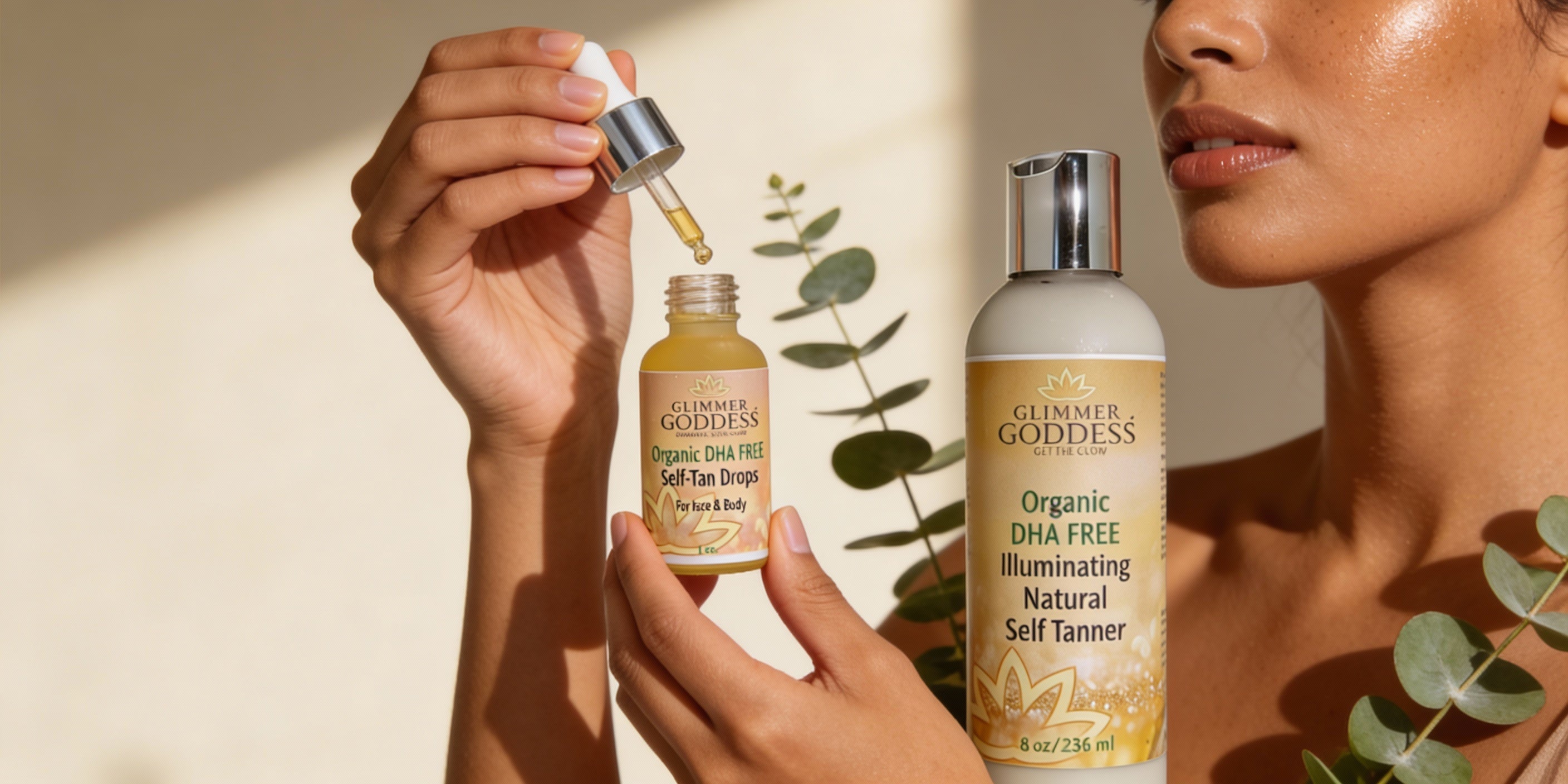 Glimmer Goddess organic DHA-free self tanning lotion and self tan drops for face and body, clean sunless tanning skincare handcrafted in Texas
