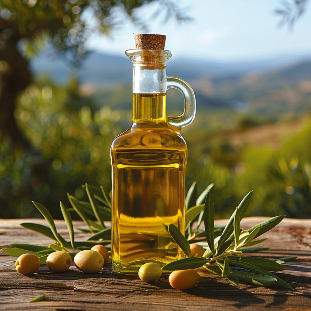 Glass bottle of extra virgin olive oil with fresh olives and olive leaves on rustic wood