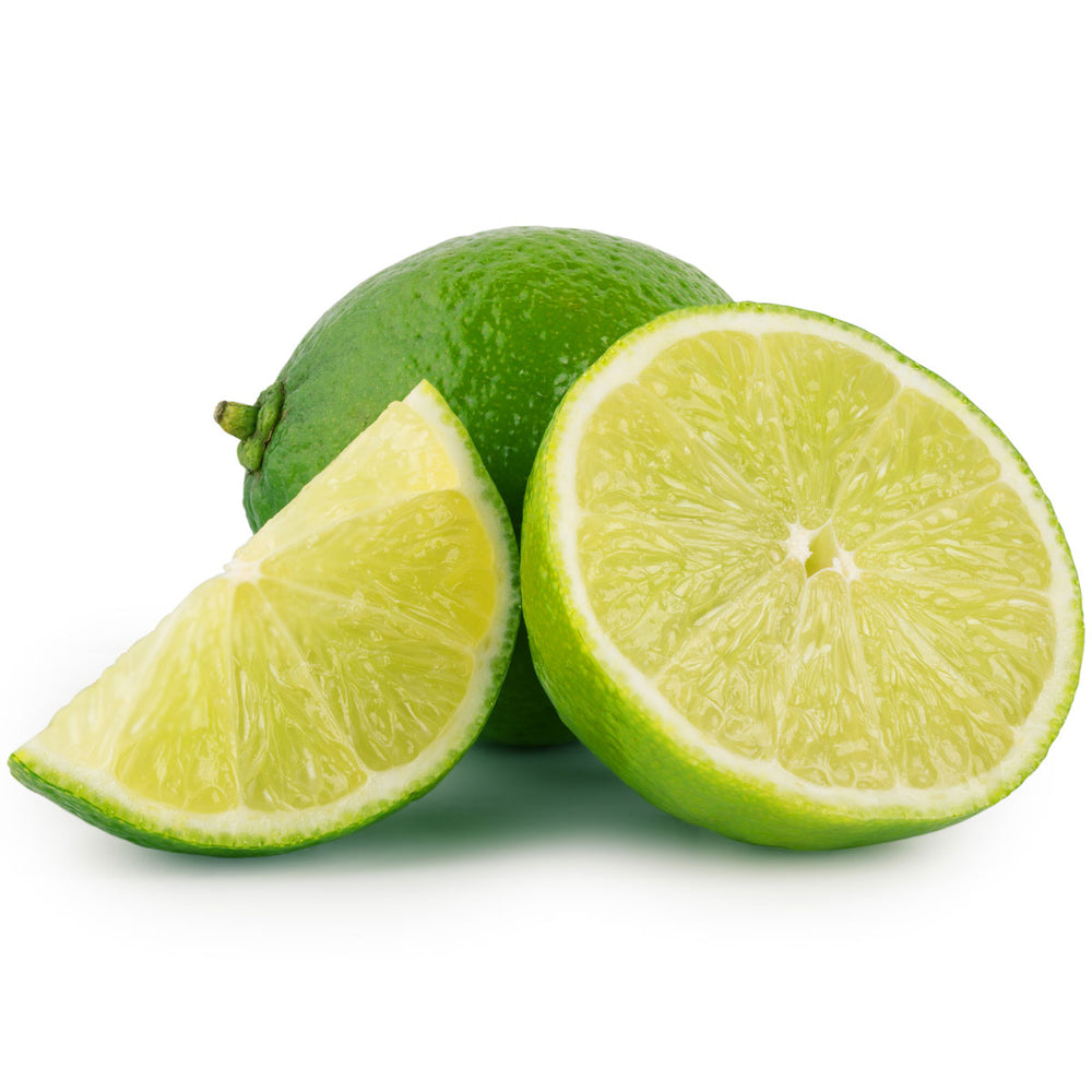 Fresh lime whole, sliced, and wedge on white background, key skincare ingredient