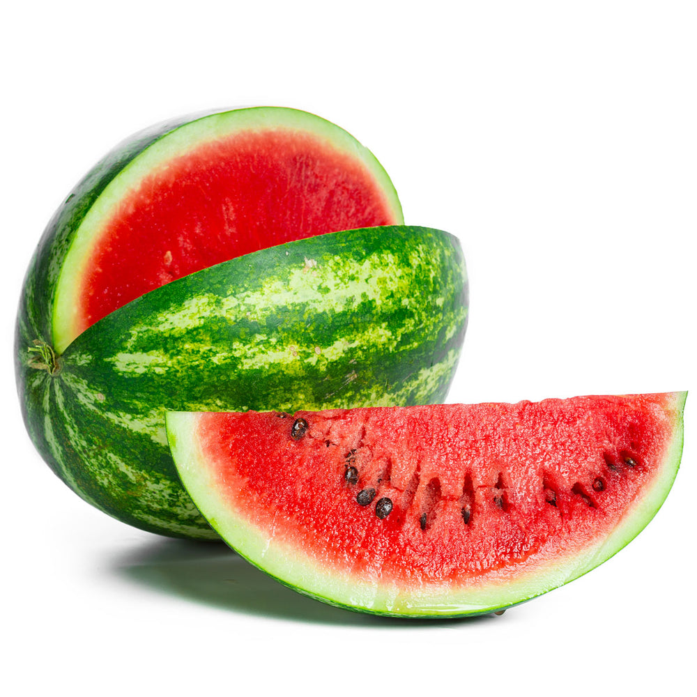 Fresh watermelon with a green rind and juicy red flesh, rich in skin-nourishing nutrients