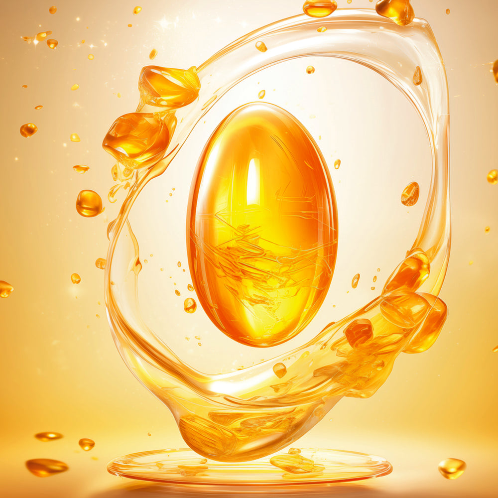 Vitamin E oil capsule with golden liquid and droplets, key skin care ingredient