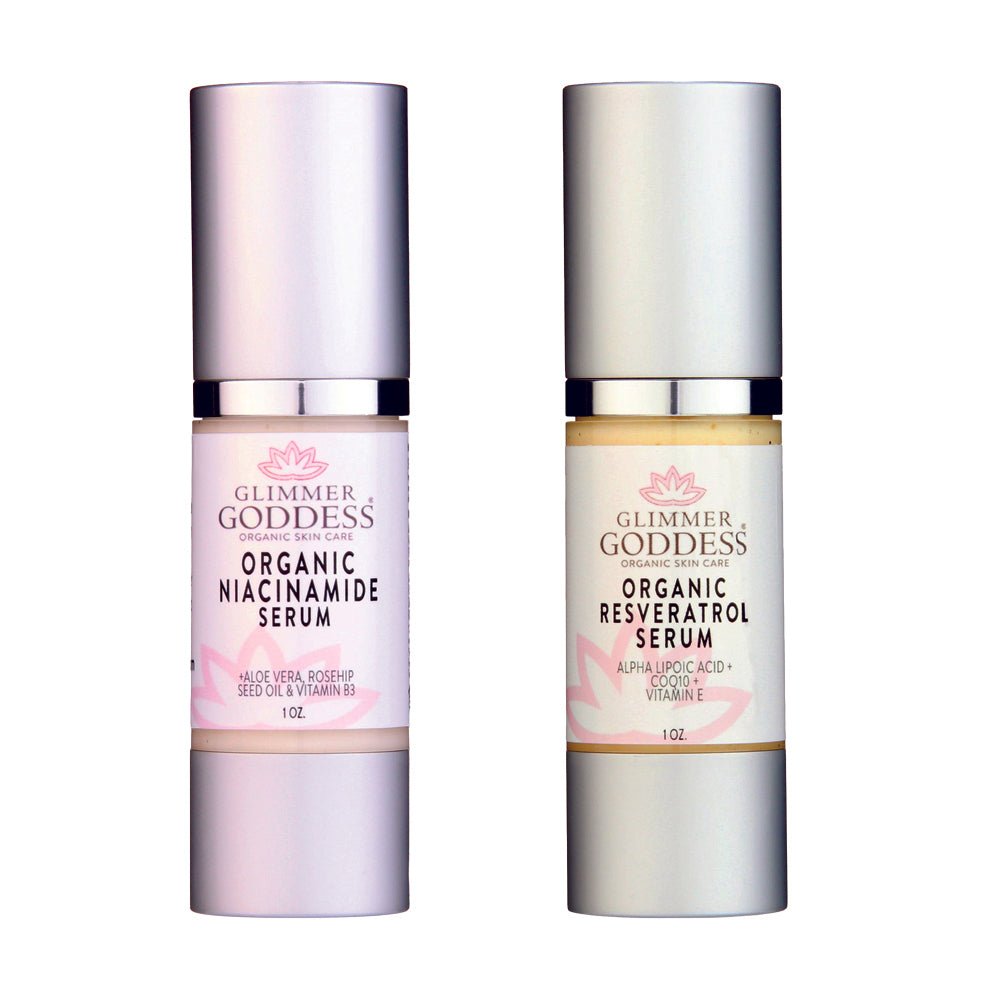 Niacinamide & Resveratrol Face Serum Duo – Anti - Aging, Pore - Reducing & Brightening Skincare Bundle - Glimmer Goddess® Organic Skin Care