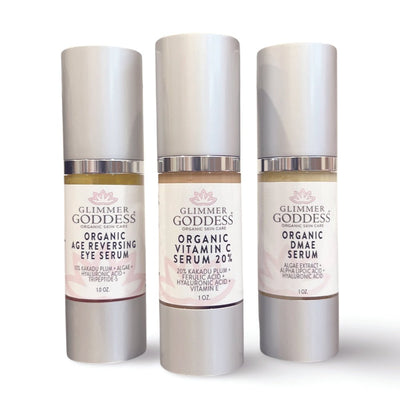 Organic anti-aging skincare kit with Vitamin C, DMAE, and eye serum by Glimmer Goddess® Organic Skin Care.