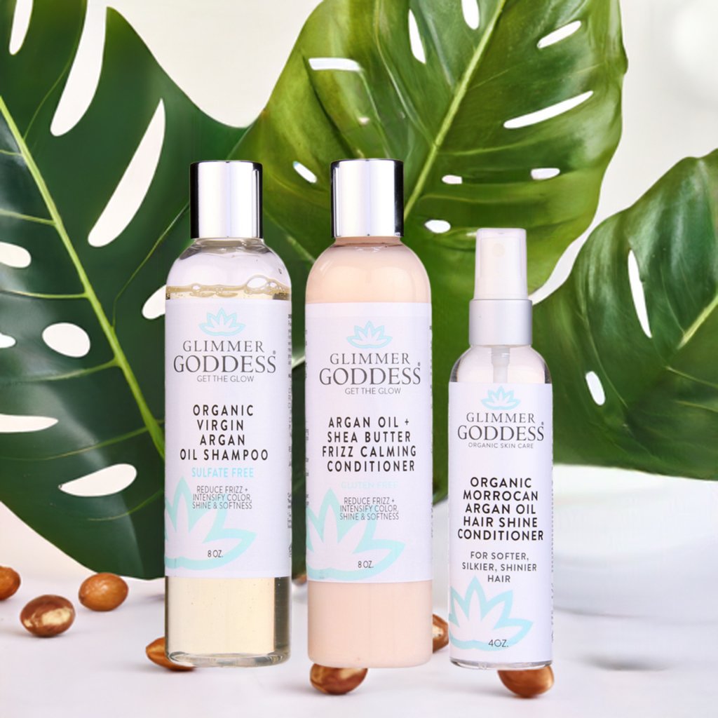 Organic Argan Oil Hair Treatment Trio, Hydrating Shampoo, Deep Conditioner, and Hair Shine Spray - Glimmer Goddess® Organic Skin Care