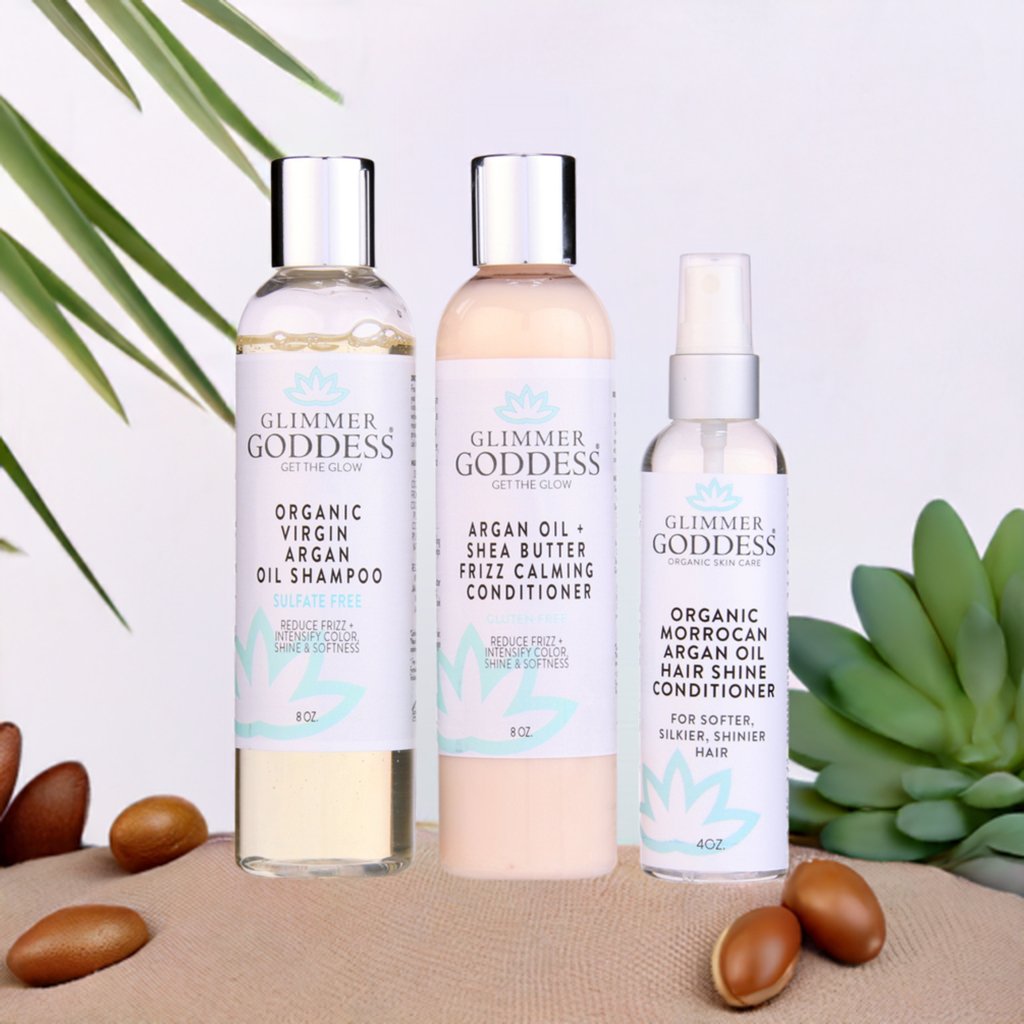 Organic Argan Oil Hair Treatment Trio, Hydrating Shampoo, Deep Conditioner, and Hair Shine Spray - Glimmer Goddess® Organic Skin Care