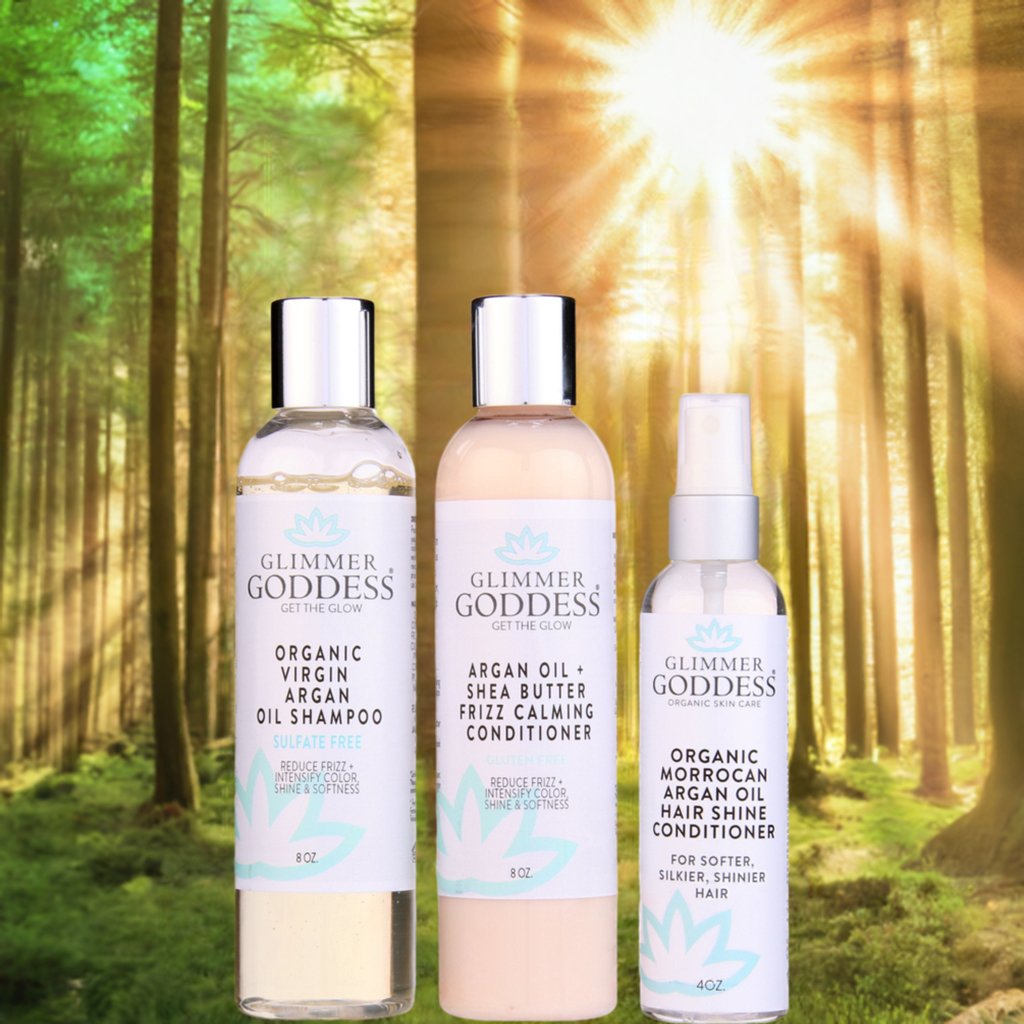 Organic Argan Oil Hair Treatment Trio, Hydrating Shampoo, Deep Conditioner, and Hair Shine Spray - Glimmer Goddess® Organic Skin Care