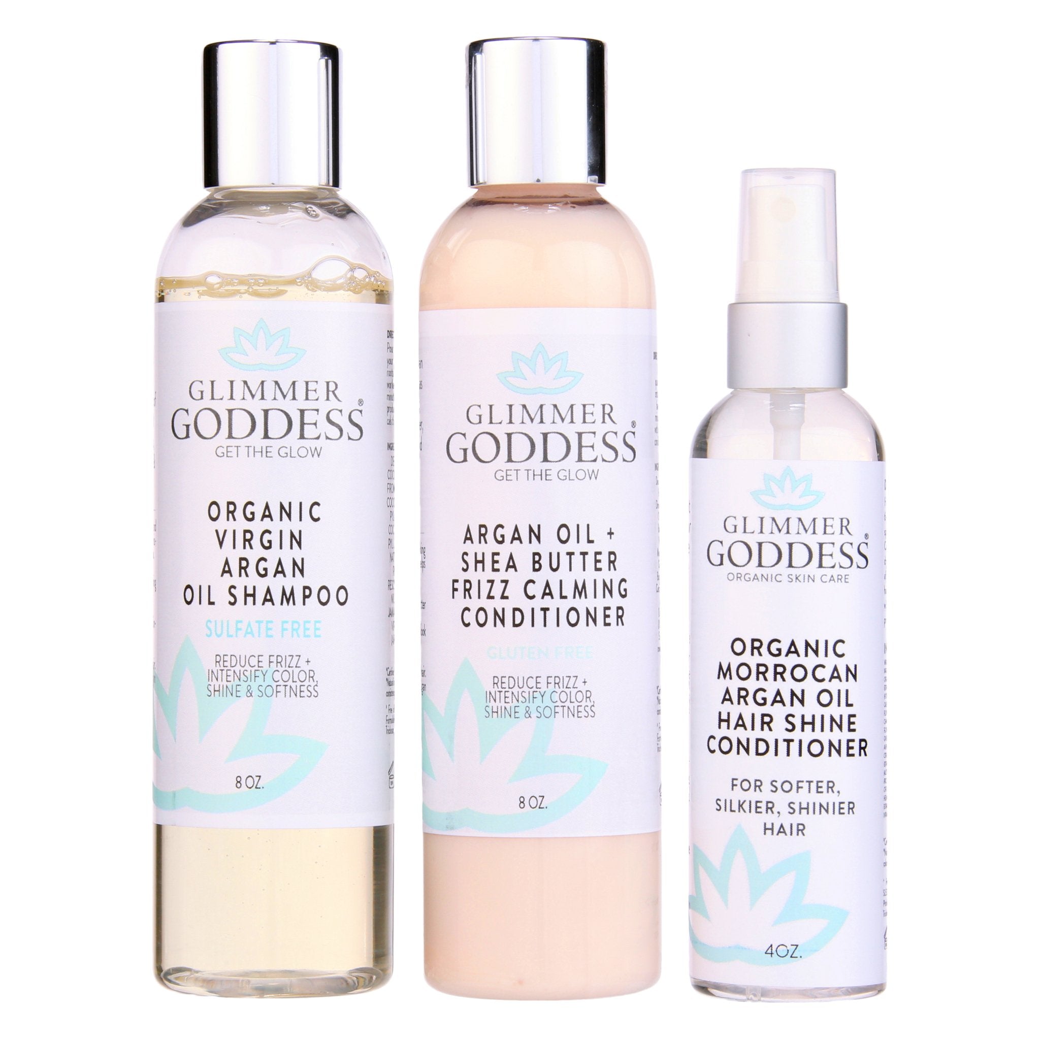 Organic Argan Oil Hair Treatment Trio, Hydrating Shampoo, Deep Conditioner, and Hair Shine Spray - Glimmer Goddess® Organic Skin Care