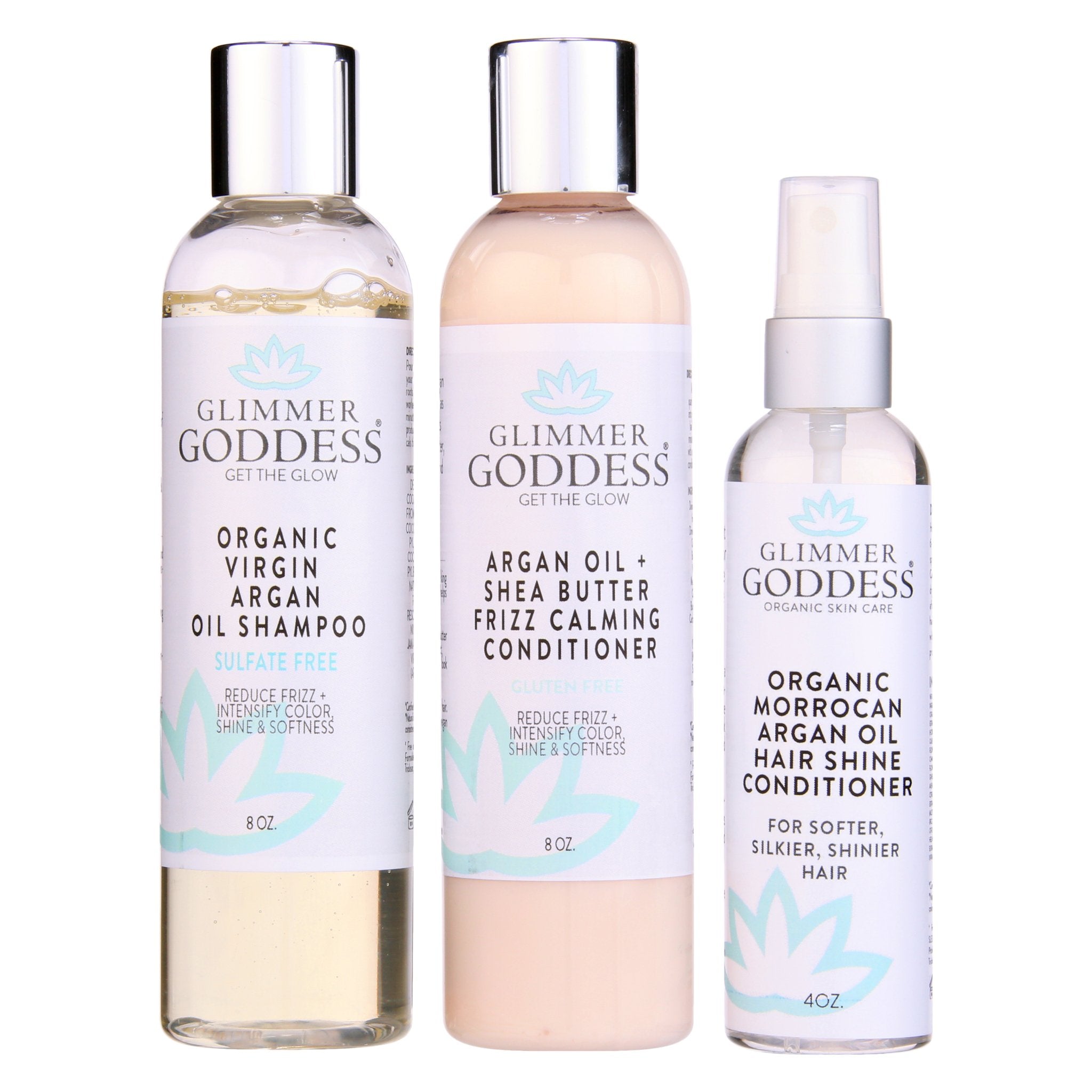 Organic Argan Oil Shampoo and Conditioner with Hair Shine Spray - Glimmer Goddess® Organic Skin Care