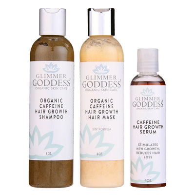 Organic caffeine hair growth treatment set by Glimmer Goddess® with three natural hair growth products in a skincare package.