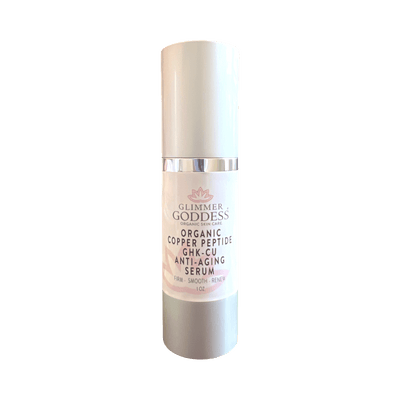 Organic Copper Peptide Serum by Glimmer Goddess for firming, smoothing, and wrinkle repair with hyaluronic acid and anti-aging ingredients.