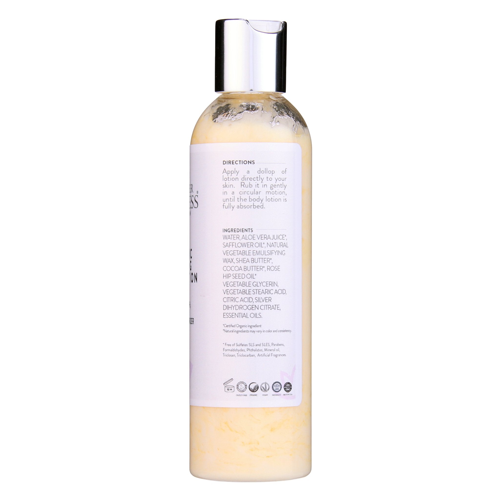 Bottle showing directions and ingredients of Organic Firming Body Lotion from Glimmer Goddess®