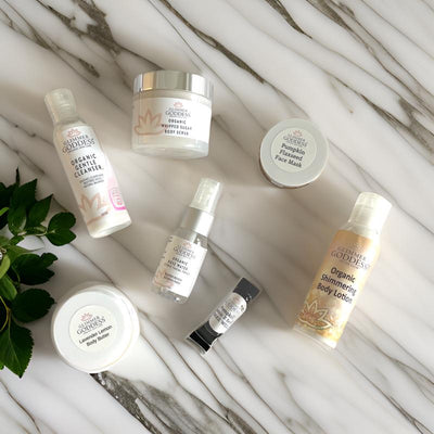 Glimmer Goddess® Organic Sensitive Skin Deluxe Sample Kit with skincare products in a gift set for sensitive skin.
