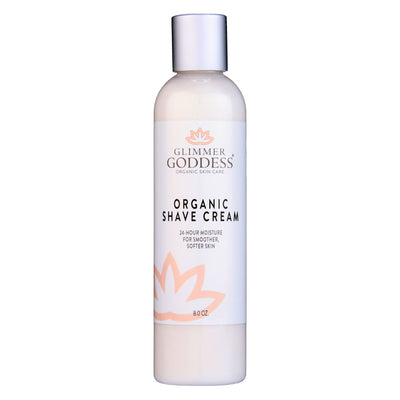 Organic shave cream by Glimmer Goddess for sensitive skin with aloe, coconut oil, and shea butter, hydrating and soothing.