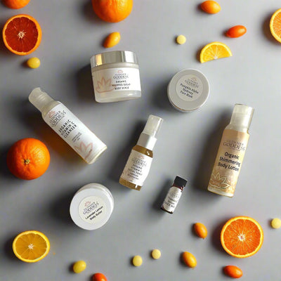 Organic Vitamin C Radiance Deluxe Sample Kit by Glimmer Goddess® Organic Skin Care, featuring skincare sample set with vitamin C products.