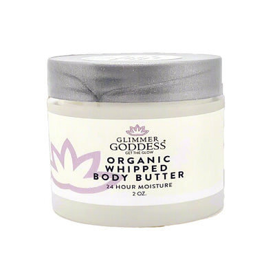 Mini 2 oz organic whipped body butter by Glimmer Goddess® for dry skin and eczema, natural shea butter lotion in travel size