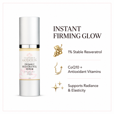 Glimmer Goddess® Organic Resveratrol Serum with CoQ10 shown on a clean white background with antioxidant firming and radiance benefit callouts.
