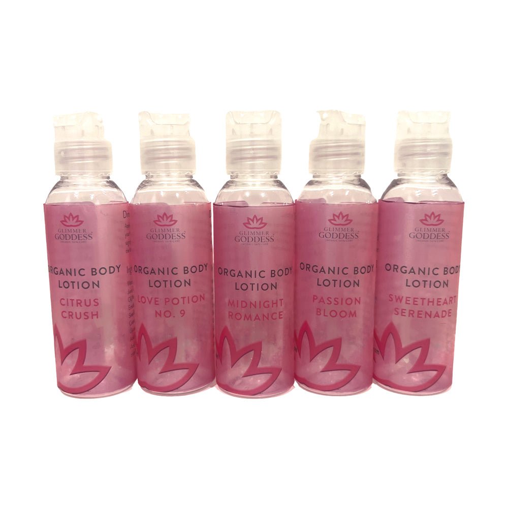 Valentine’s Day 2 oz Travel Lotion Bundle – 5 Enchanting Scents ❤️🌹 - Glimmer Goddess® Organic Skin Care