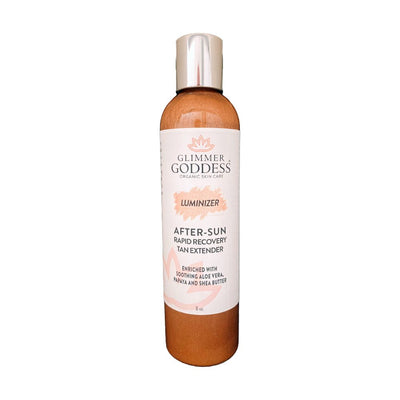 Organic after sun lotion and tan extender with luminizing shimmer by Glimmer Goddess® Organic Skin Care, featuring moisturizing and glowing effects.