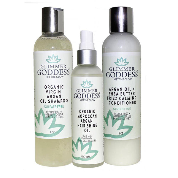 Organic Argan Oil Shampoo and Conditioner with Hair Shine Spray - Glimmer Goddess® Organic Skin Care