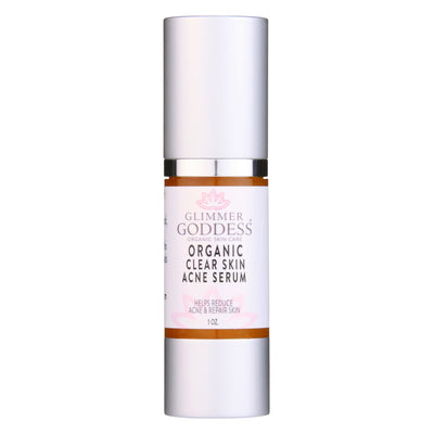 Organic Acne Serum from Glimmer Goddess® Organic Skin Care, clear skin treatment with oil control and pore clearing properties.
