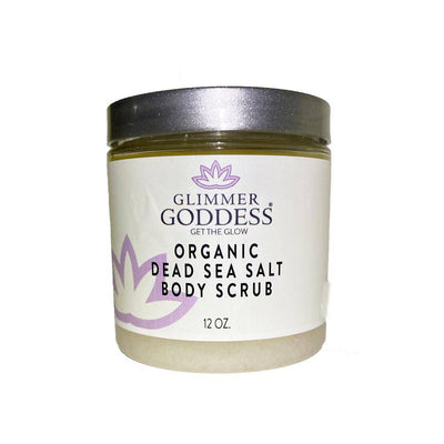 Organic Dead Sea Salt Body Scrub by Glimmer Goddess® with coffee, shea butter, exfoliates, detoxifies, and firms skin.