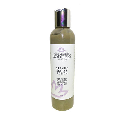 Organic Eczema Lotion from Glimmer Goddess® Organic Skin Care with soothing relief and skin healing benefits.