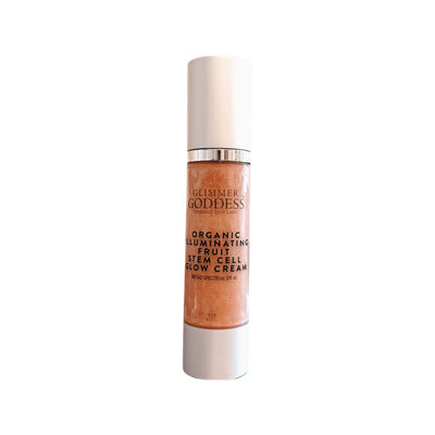 Organic CC cream by Glimmer Goddess with SPF 45, illuminating fruit stem cell glow moisturizer with reef-safe sunscreen.