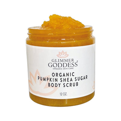 Organic Pumpkin Shea Sugar Body Scrub by Glimmer Goddess® Organic Skin Care, fall-scented exfoliator with pumpkin and shea ingredients.