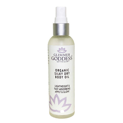 Organic Silky Dry Body Oil by Glimmer Goddess® Organic Skin Care, 4 oz bottle showing the lightweight, fast-absorbing body oil.
