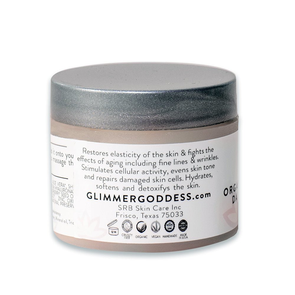 Back of Glimmer Goddess® organic face moisturizer SPF 30