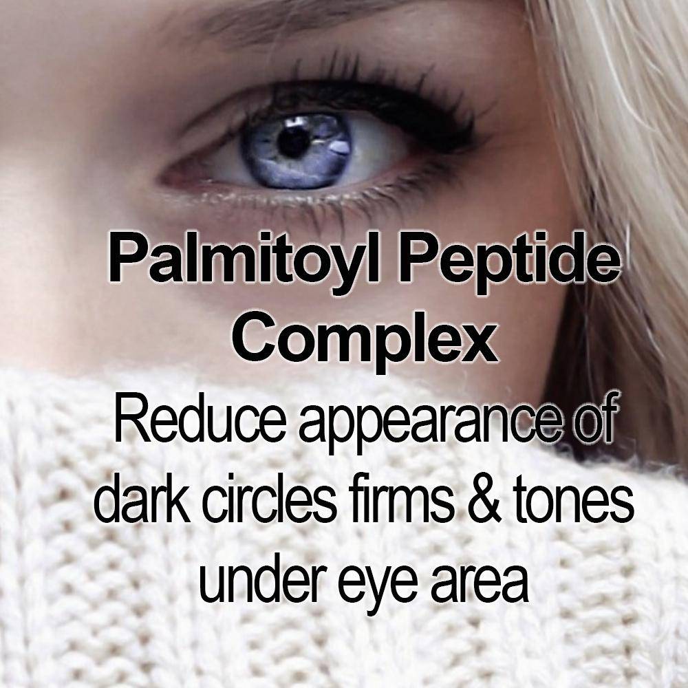 Woman's eye with text about Palmitoyl Peptide Complex