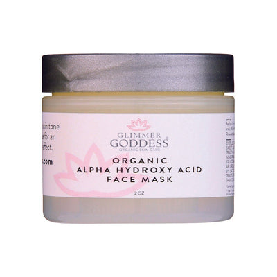 Organic AHA face mask from Glimmer Goddess® for exfoliation and glowing skin, featuring a refreshing, renewing treatment.